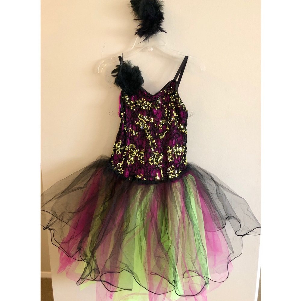 Girls Dance Costume - Black/Pink/Green - Child Lrg